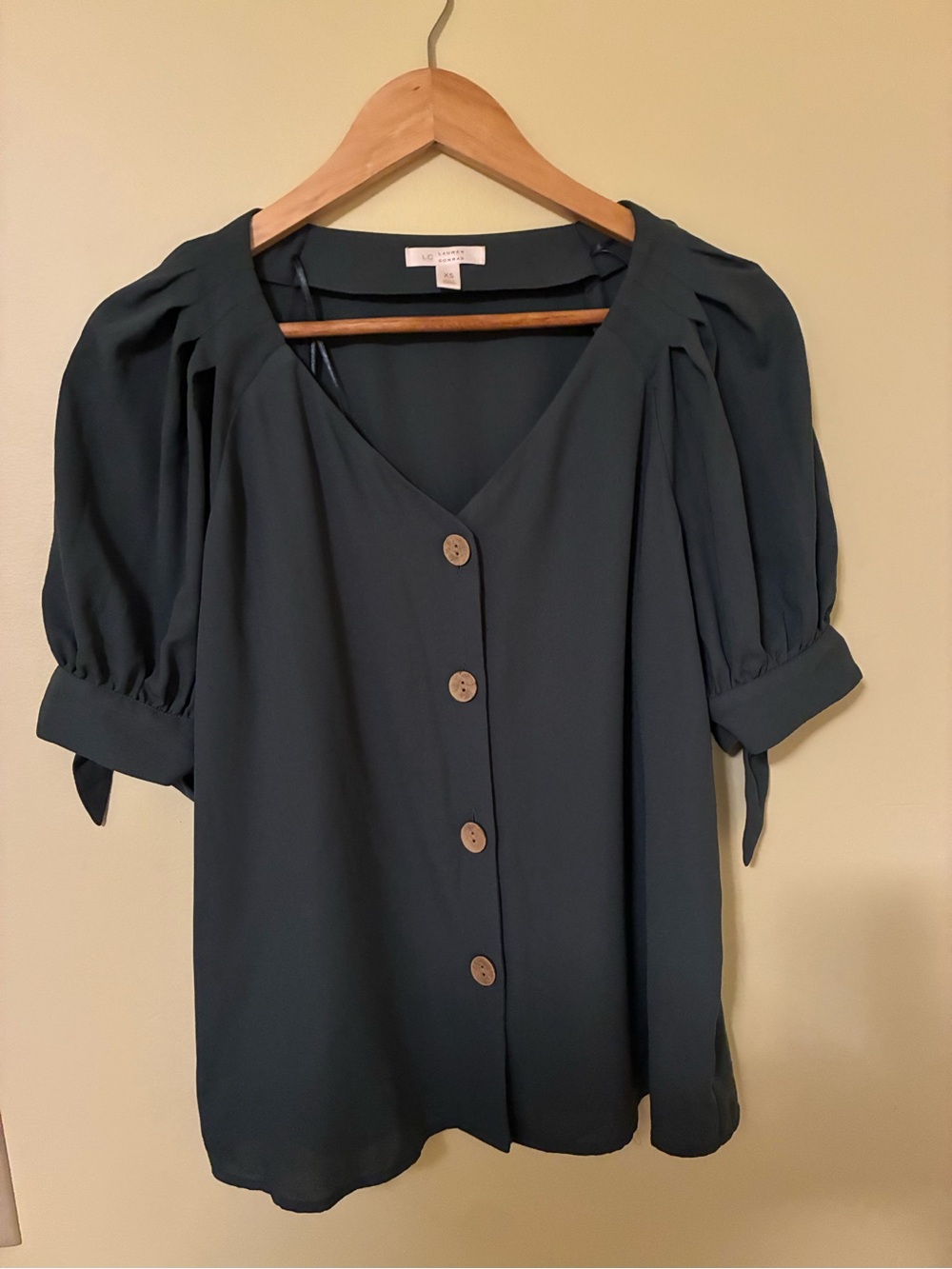 LC Lauren Conrad Teal Button-Front Puff Sleeve Blouse